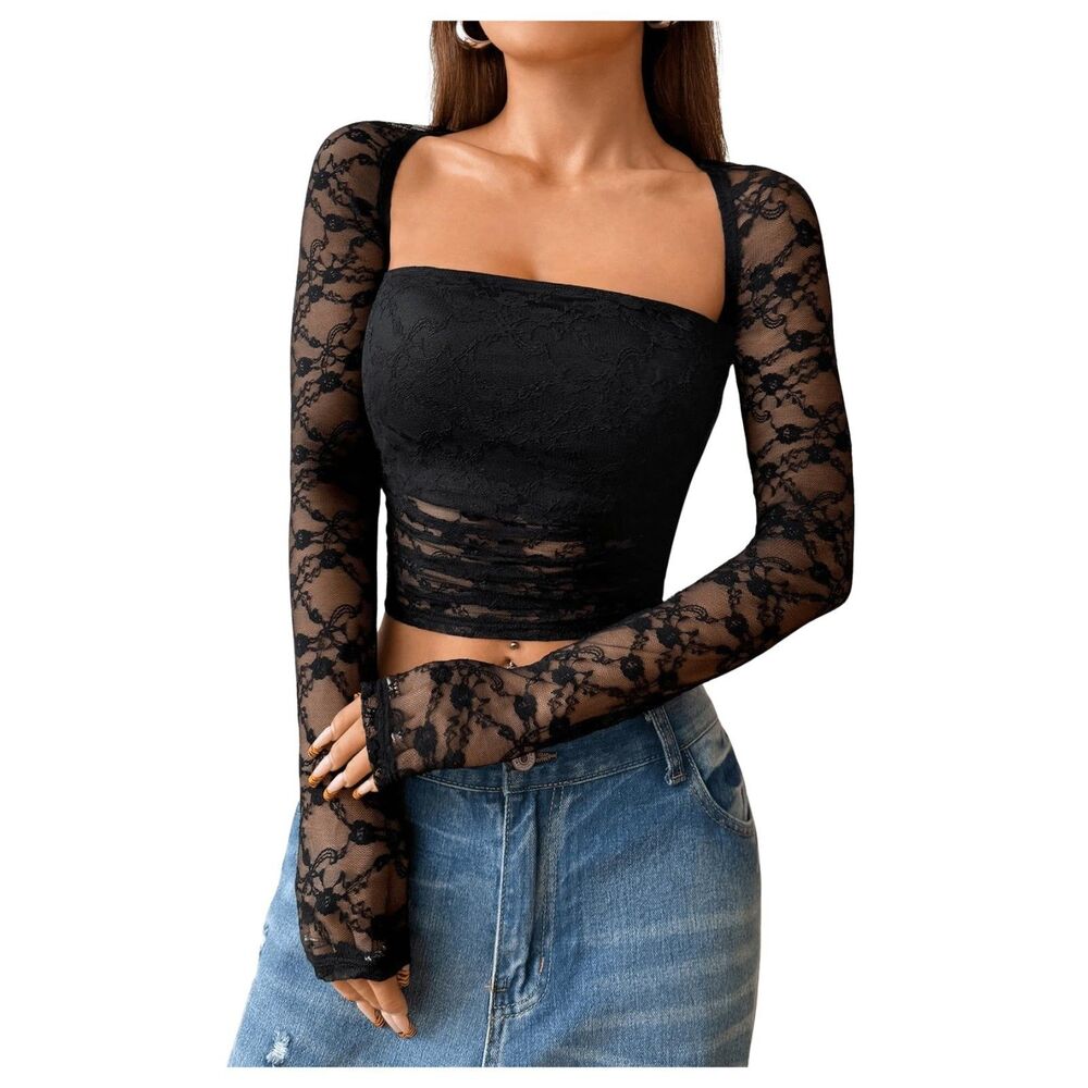 Lace Sheer Mesh Ruched Square Neck Long Sleeve Crop Top, XS, 15C-194T004